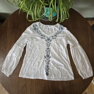 Roper White Blouse with Blue Embroidery